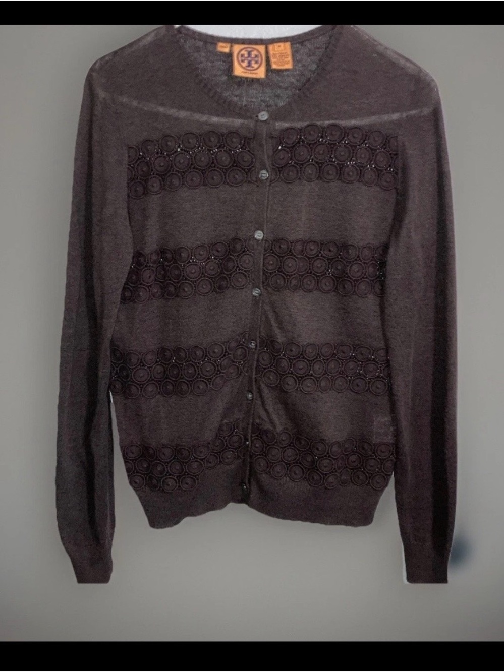 Tory Burch Brown Stripe Linen Blend Button Up Circle Crochet Cardigan Sweater M